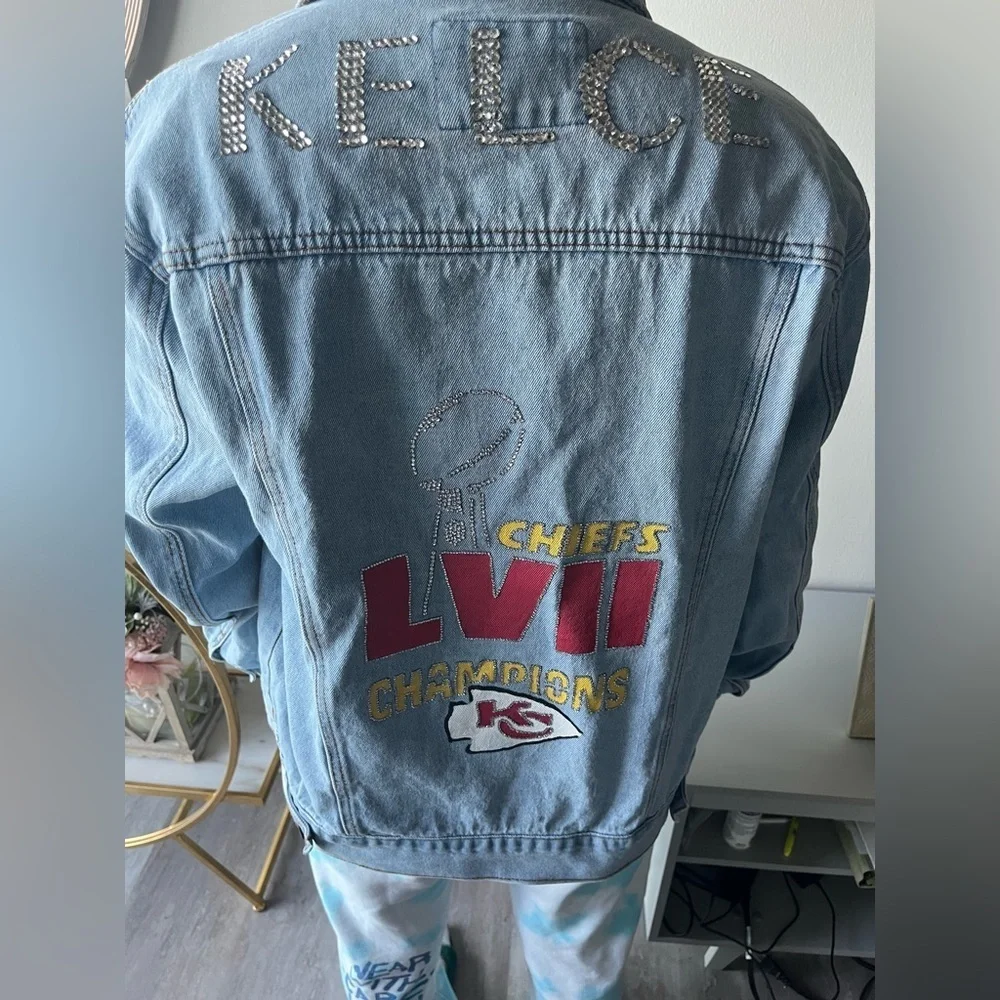 KANSAS CITY CHIEFS CUSTOM PAINTED & BEDAZZLED JEAN JACKET